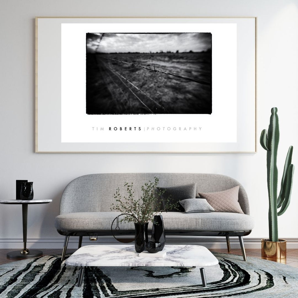 Timeless Barbed Wire Landscape Fine Art Poster – Evocative Black & White Photography Print in Various Sizes