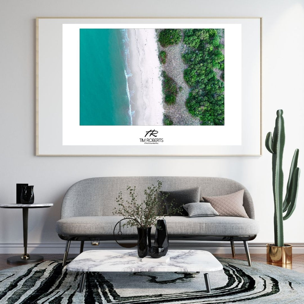 Coastal Serenity: Aerial Beach & Lush Forest Fine Art Poster in Various Sizes