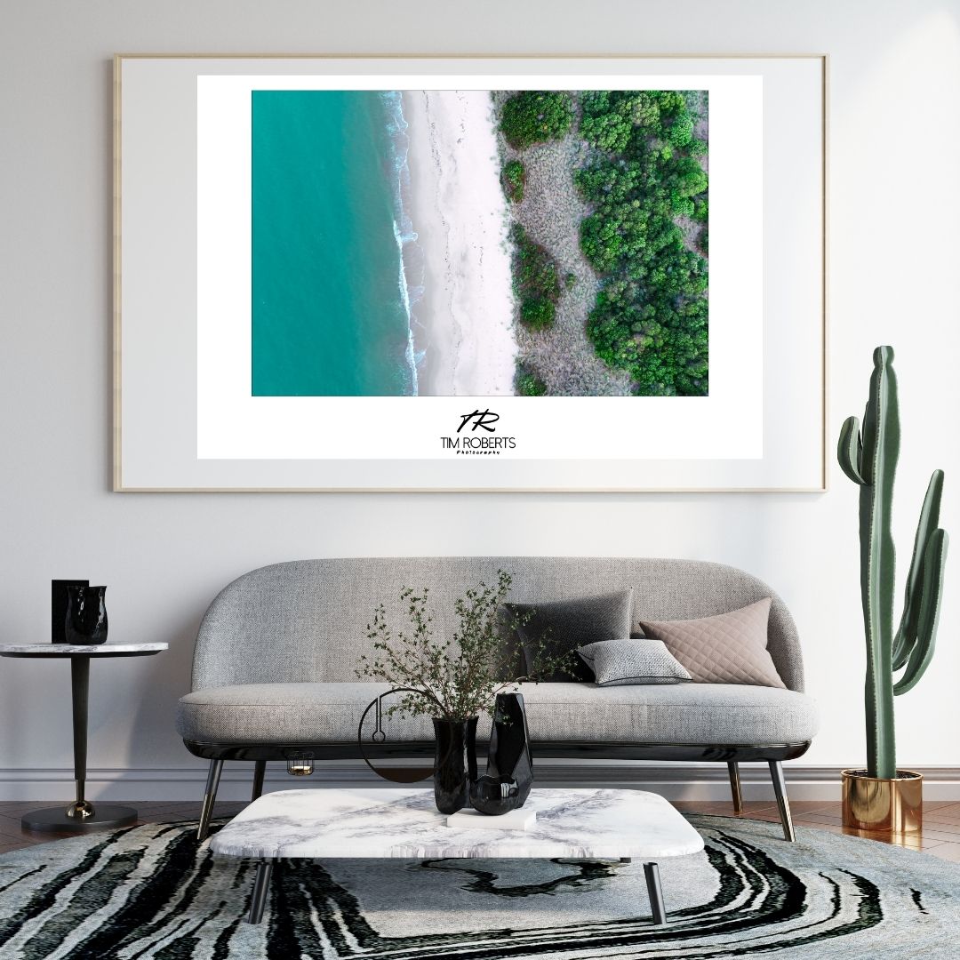 Coastal Serenity: Aerial Beach & Lush Forest Fine Art Poster in Various Sizes