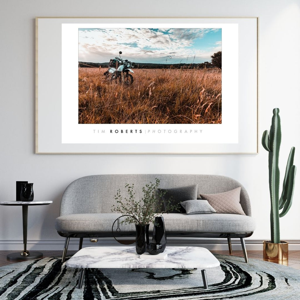 Adventure Motorcycle in Golden Fields Fine Art Poster – Vivid Giclée Print in Multiple Sizes