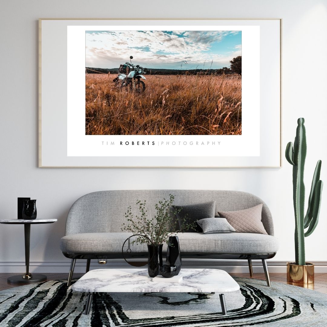 Adventure Motorcycle in Golden Fields Fine Art Poster – Vivid Giclée Print in Multiple Sizes